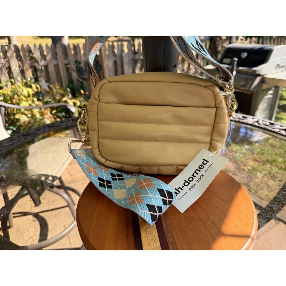 ah-dorned New York Beige Quilted Faux Leather Crossbody Detachable Argyle Strap